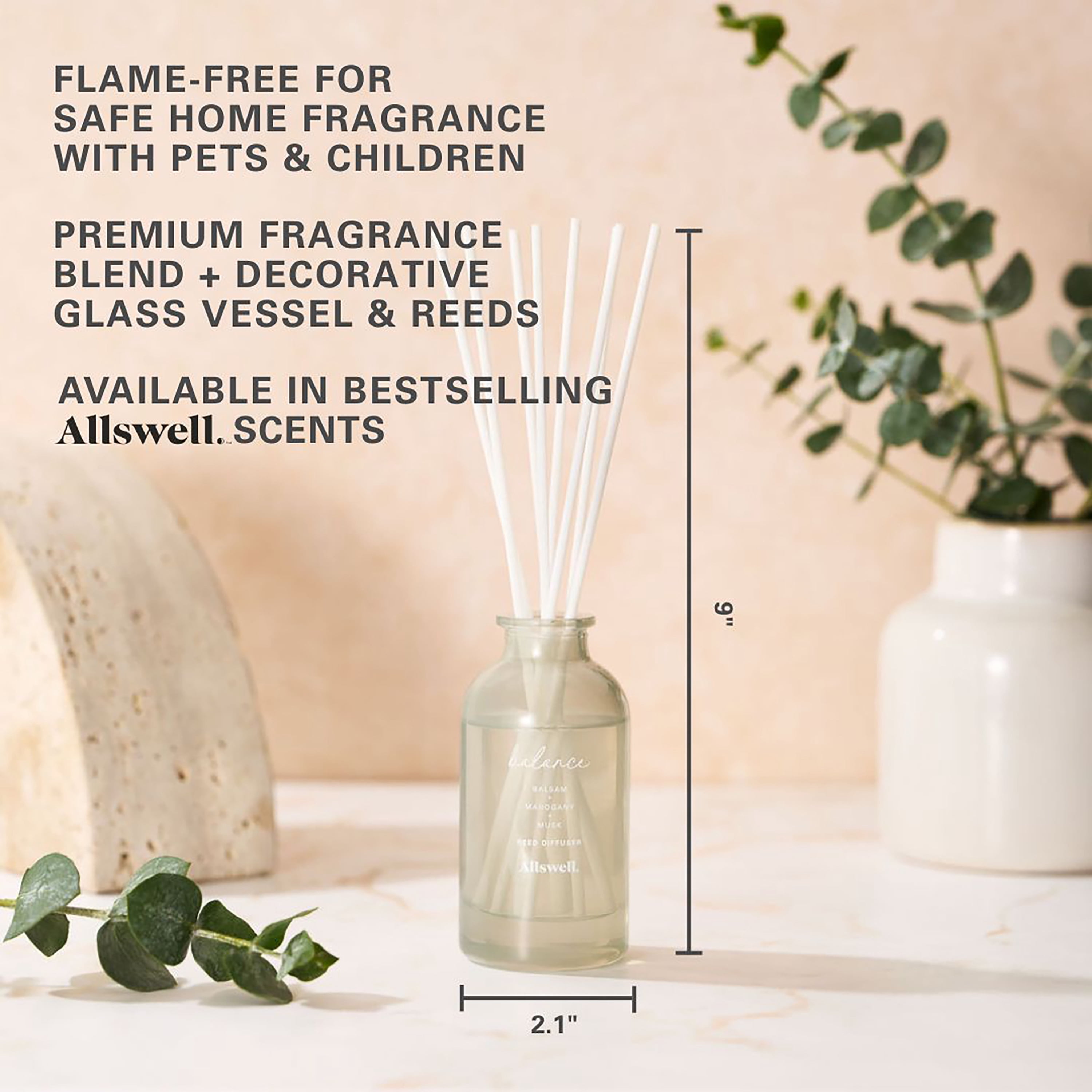 Allswell Balance (Balsam + Mahogany + Musk) Scented Reed Diffuser 3 fl oz (90mL) With 8 Synthetic Reeds.