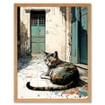 thumbnail image 1 of Street Cat Sunbathing on Cobblestone Street Modern Illustration Art Print Framed Poster Wall Decor 12x16 inch, 1 of 5
