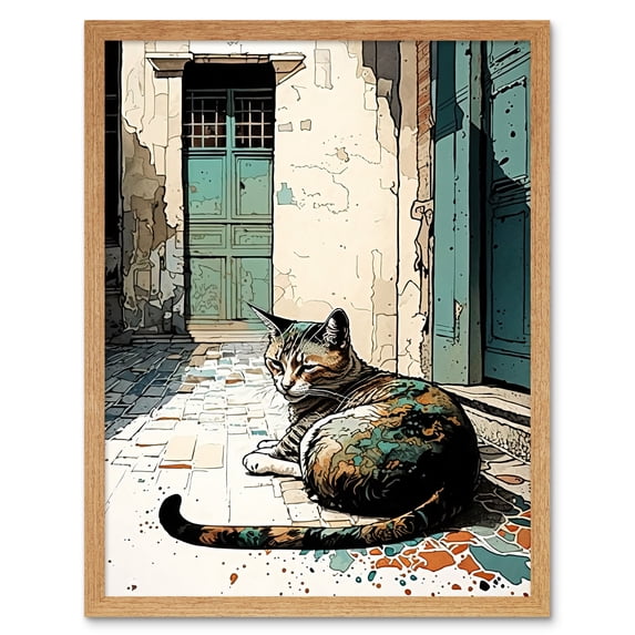 Street Cat Sunbathing on Cobblestone Street Modern Illustration Art Print Framed Poster Wall Decor 12x16 inch