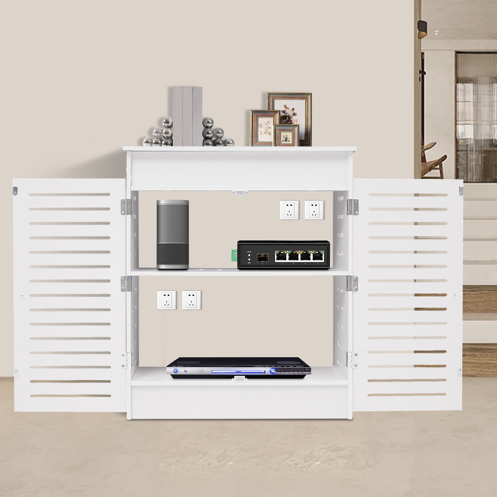 ToppiJoy 2-Tier Floor Standing Router Storage Cabinet, Management Hider Organizer Side Table for Home Office Living Room (23.6*9.8*27.5in)