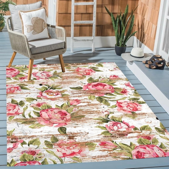 Modern Floral Washable Indoor Outdoor Area Rug for Patio Balcony Deck Porch Wood Grain Pattern Boho Garden Backyard Large Outside Rug 2x3ft Beige Pink Waterproof Carpet