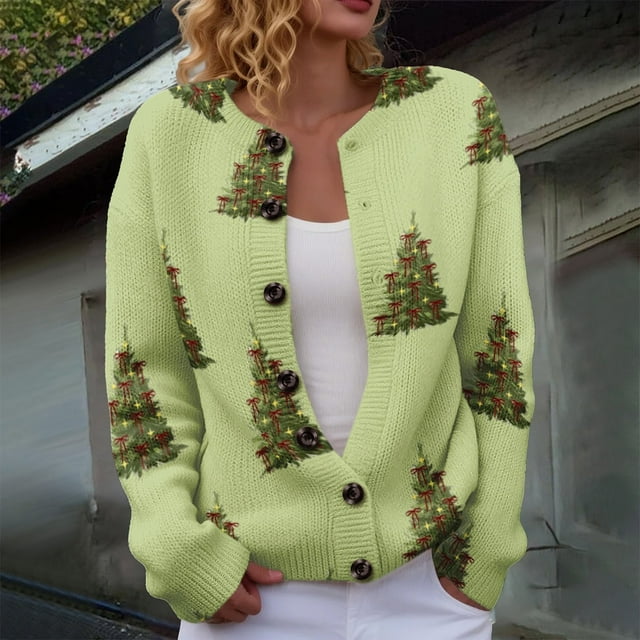 Plus Size Women's Christmas Santa & Tree Embroidered Cardigan Long Sleeve Round Neck Button Down Knit Sweater For Holiday Season