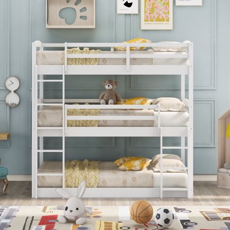 UWR-Nite Triple Twin Bunk Bed for Kids  Detachable 3 Bed Twin Over Twin Bunk Bed Frame with Guardrails and Ladders