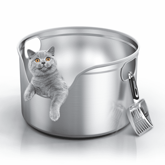Stainless Steel Litter Box, XL/XXL for Big & Multi Cats: 12" High-Wall, High-Side, Integrated Round, Odor-Control, Easy-Clean, Durable Metal—Includes Stainless-Steel Scoop