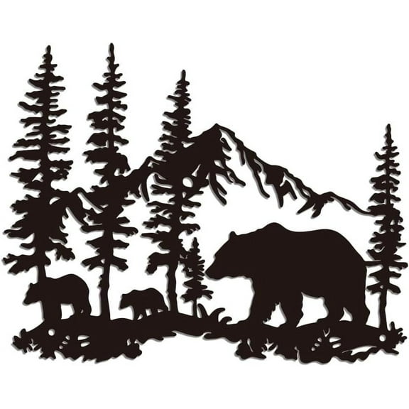 Metal Bear Wall Art Decor Black Iron Natural Scenery Wall Silhouette Sculpture Decor Wildlife Forests and Mountains Metal Wall Hanging Decor
