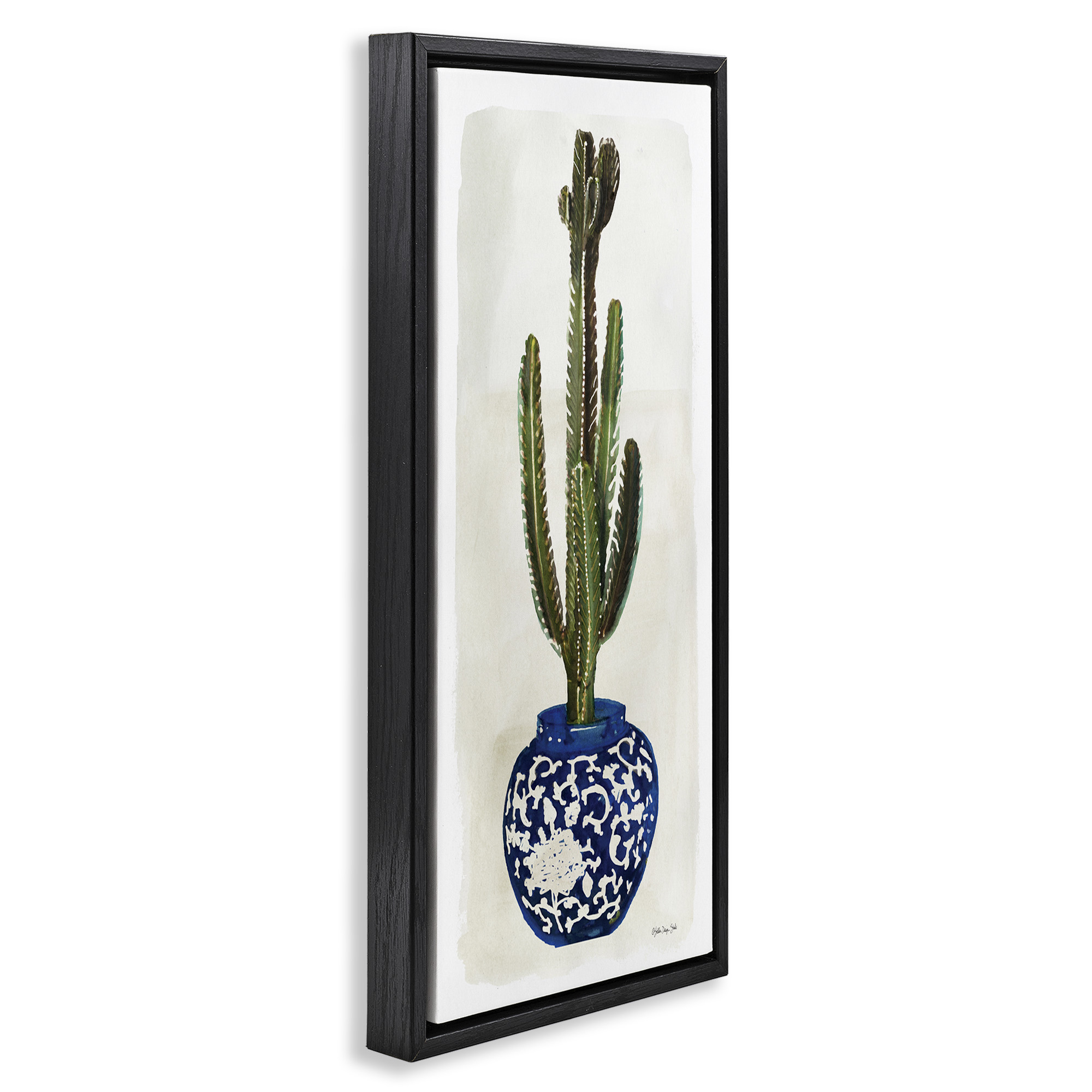 Stupell Industries Cactus in Blue Ornate Vase Botanical & Floral Painting Black Floater Framed Canvas Art Print Wall Art, 11 x 25
