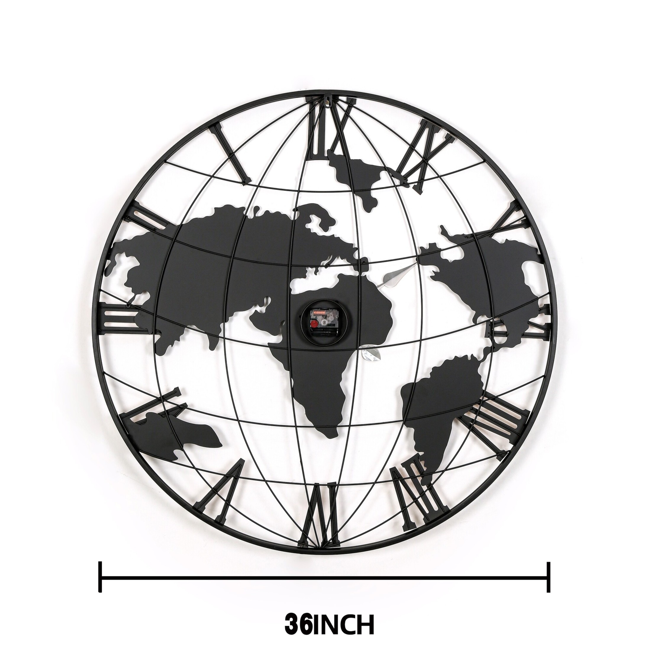 Noble House Large Black Metal World Map Wall Clock, Silent Modern Design with Gold Pointers, Decorative Clock for Home, Black Roman Numerals,Black + Gold