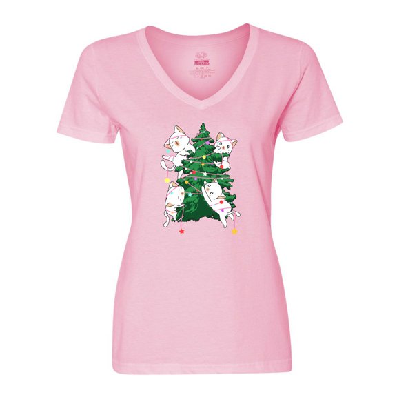 Inktastic Kawaii Cats Christmas Tree Women's V-Neck T-Shirt