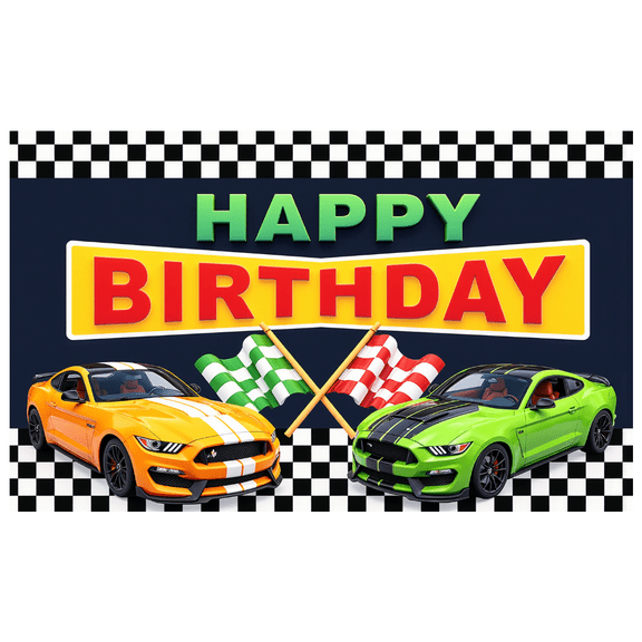 Checkered Design Birthday Banner Car Theme Racing Cars Happy Birthday Flags for Kids Party Race Day Event