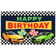 Checkered Design Birthday Banner Car Theme Racing Cars Happy Birthday Flags for Kids Party Race Day Event