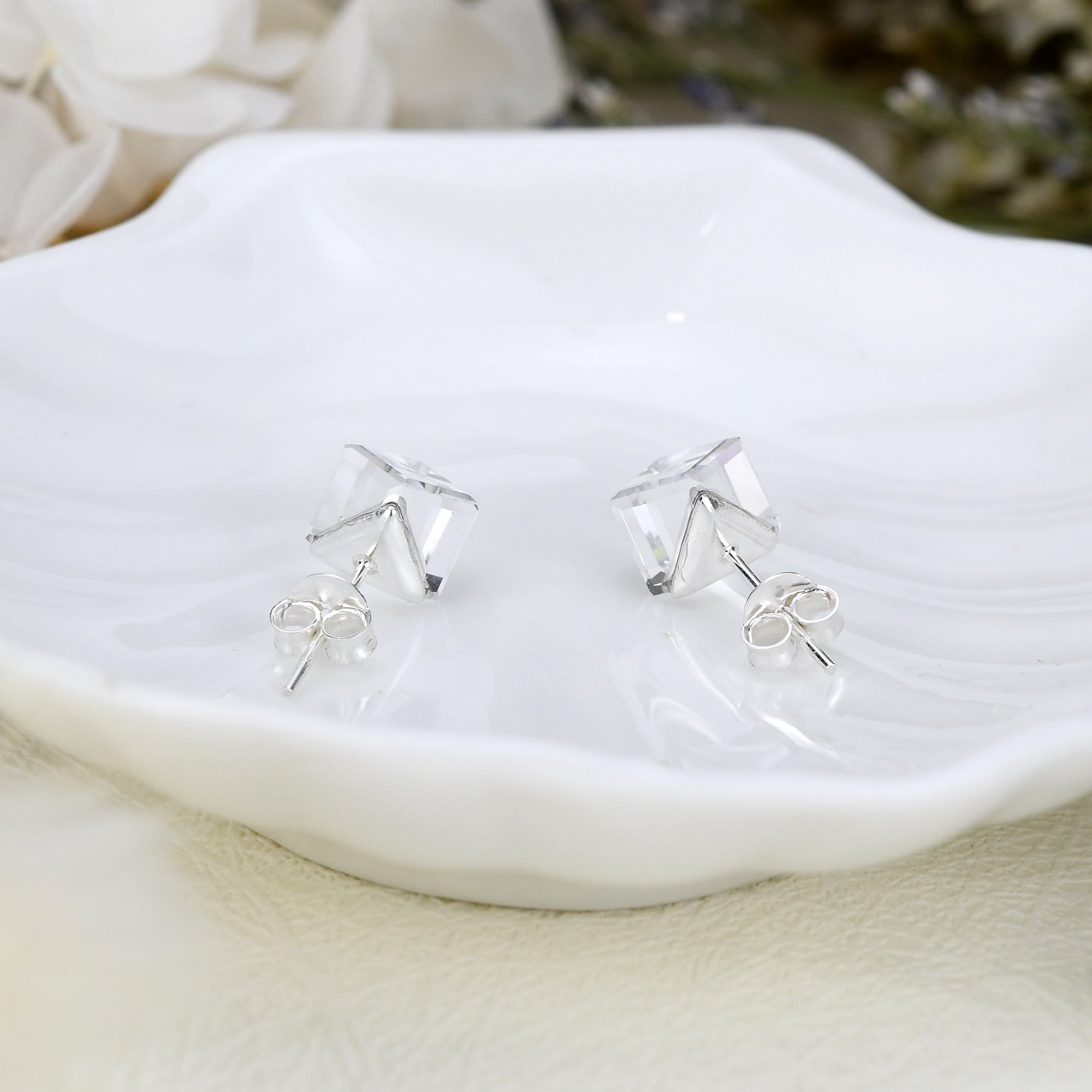 Clear Crystal Prism Cube .925 Sterling Silver Stud Earrings