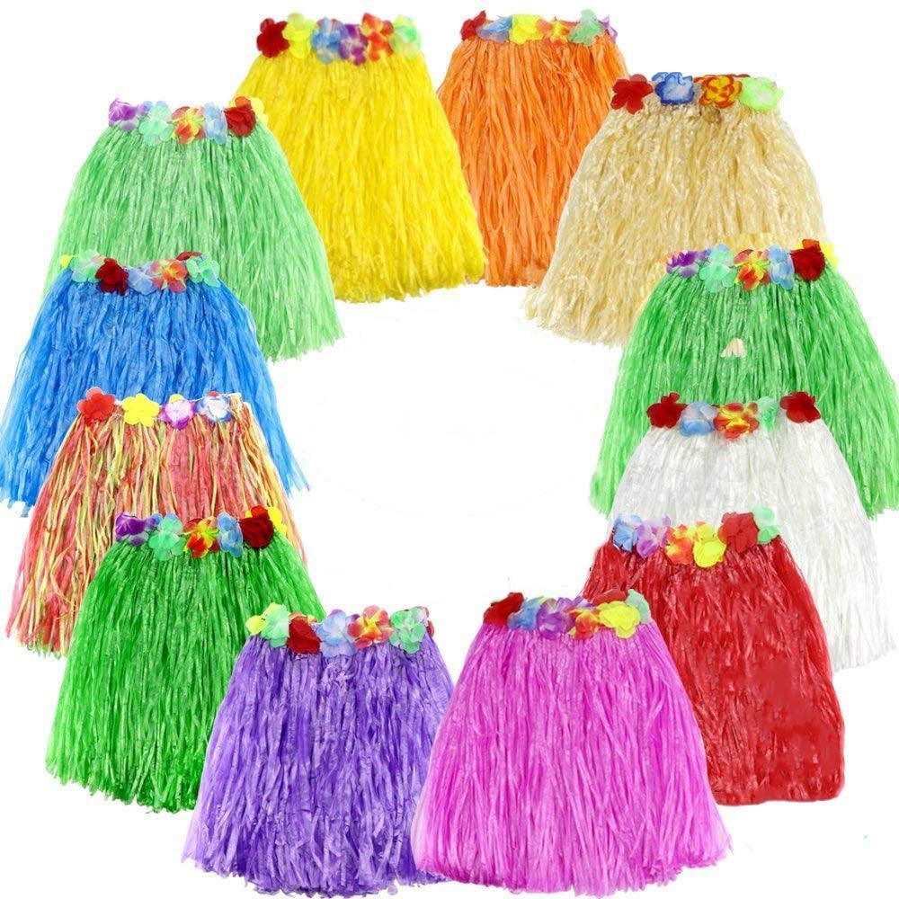 12 Pack Elastic Hawaiian Grass Hula Skirt Dance Dresses Luau Party
