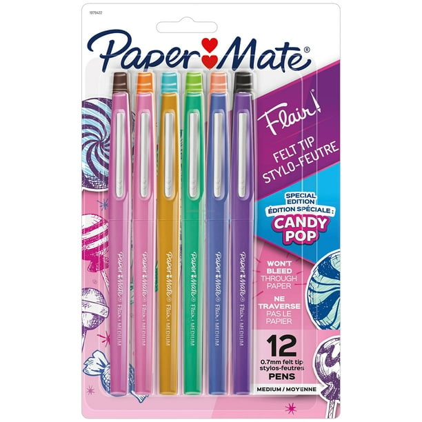Bolígrafos con punta de fieltro Paper Mate Flair, punta mediana, caramelo pop, 12 unidades