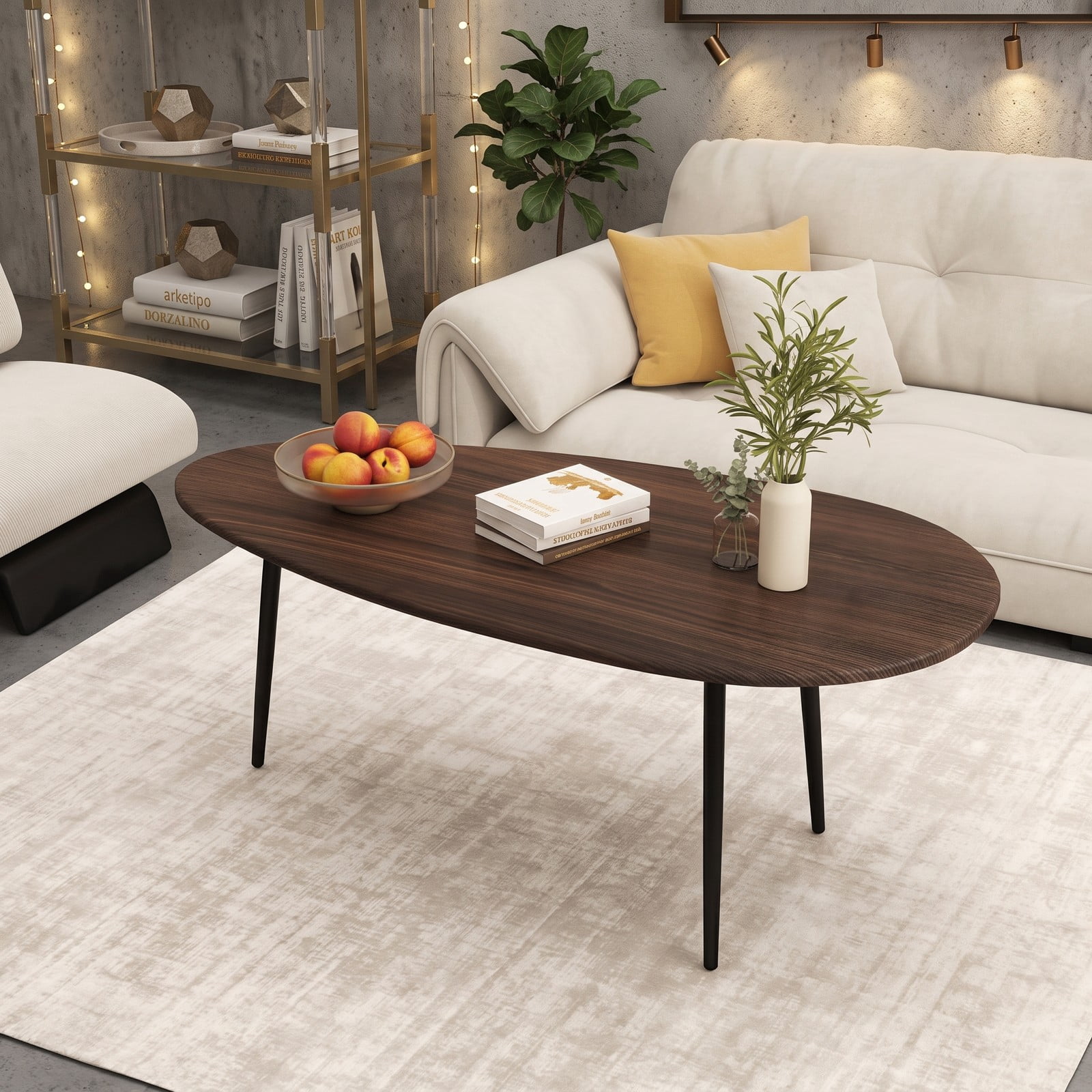 Furnibear Oval Coffee Table Mid Century Center Table with Sturdy Metal Frame, Open Storage Shelf & Adjustable Foot Pads for Living Room, Hallway & Lounge, Walnut