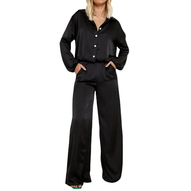 SAYOO Blusa de satén de manga larga y pantalones de bolsillo SAYOO moda