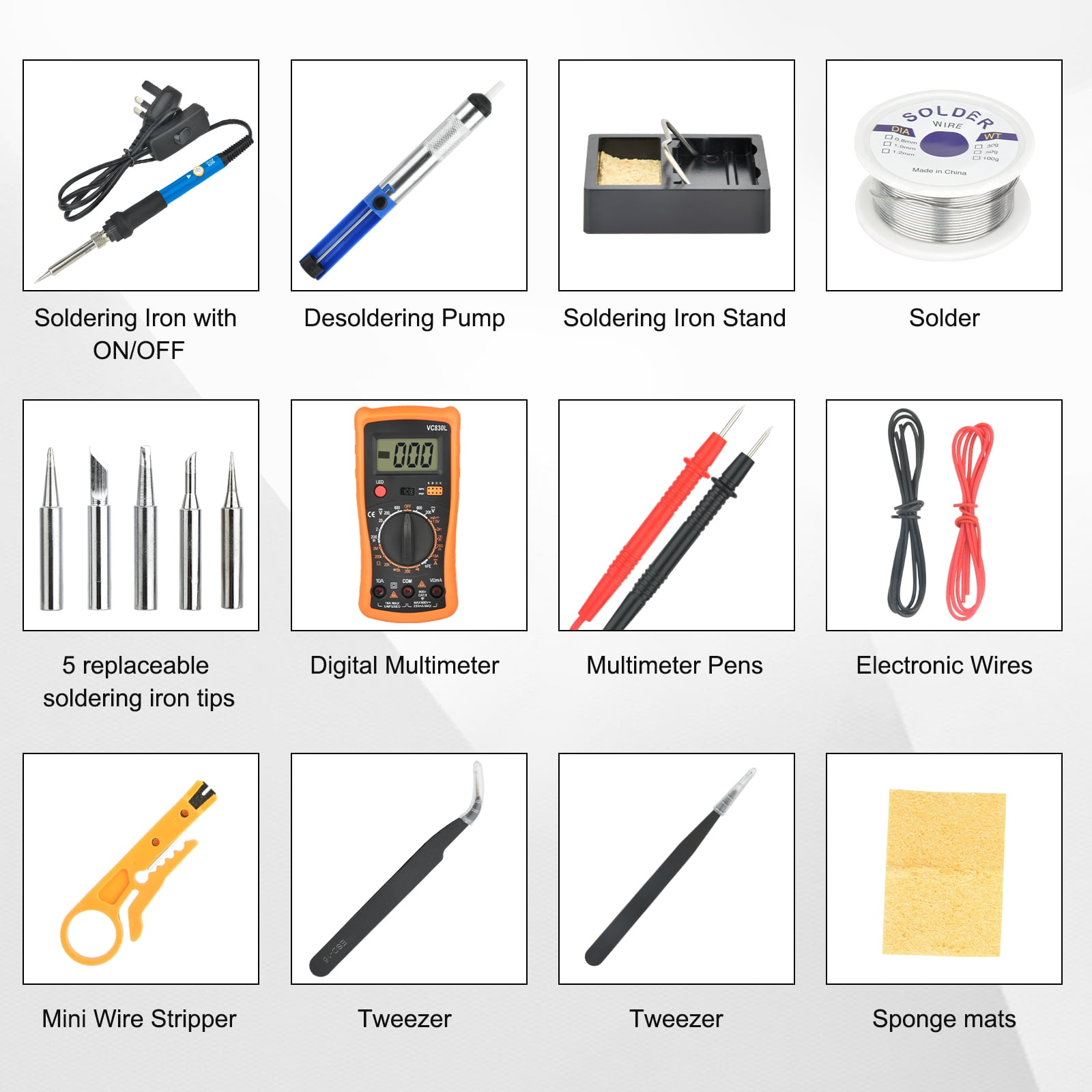 Soldering Iron Kit, Soldering Kit with LCD Digital Multimeter 60W Adjustable Temperature Electric Soldering Iron Kit Multimeter Set Home Mobile Phone Computer Maintenance Soldering Tools Blue