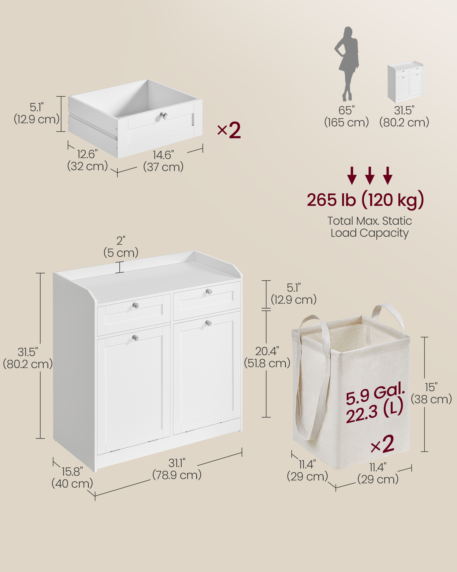 Cloud White Bathroom Cabinet with Dual Hidden Laundry Hampers - Stylish Storage Solution for Your Bathroom