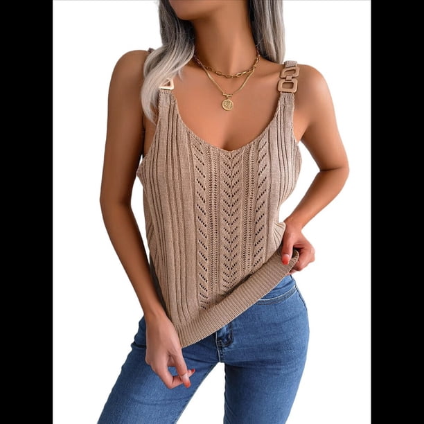 Chaleco Informal de Verano Sin Mangas para Mujer con Tirantes Calados y Suéter de Punto. Caqui L