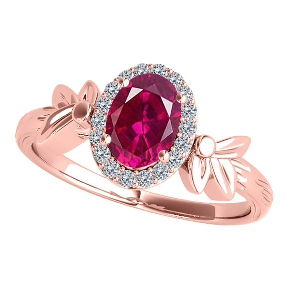 Mauli Jewels Engagement Rings for Women 0.92 Carat Halo Diamond & Oval Shape Ruby Gemstone Ring Prong-Setting 10K Rose Gold