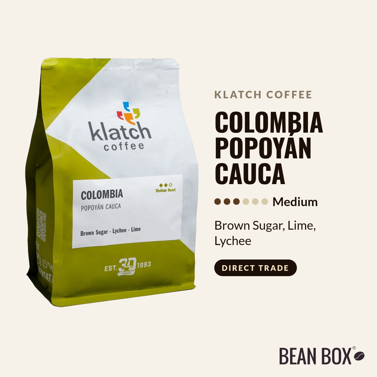 Colombia Popoyán Cauca - Roasted by Klatch Coffee - Whole Bean Coffee - 310g Bag