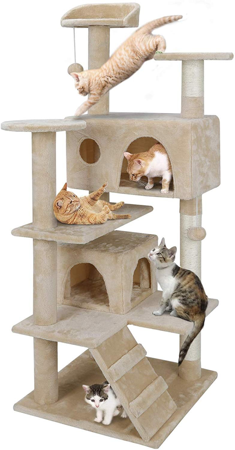 Feandrea 61-Inch Cat Tower, Plush Cat Condo with Multi-Level