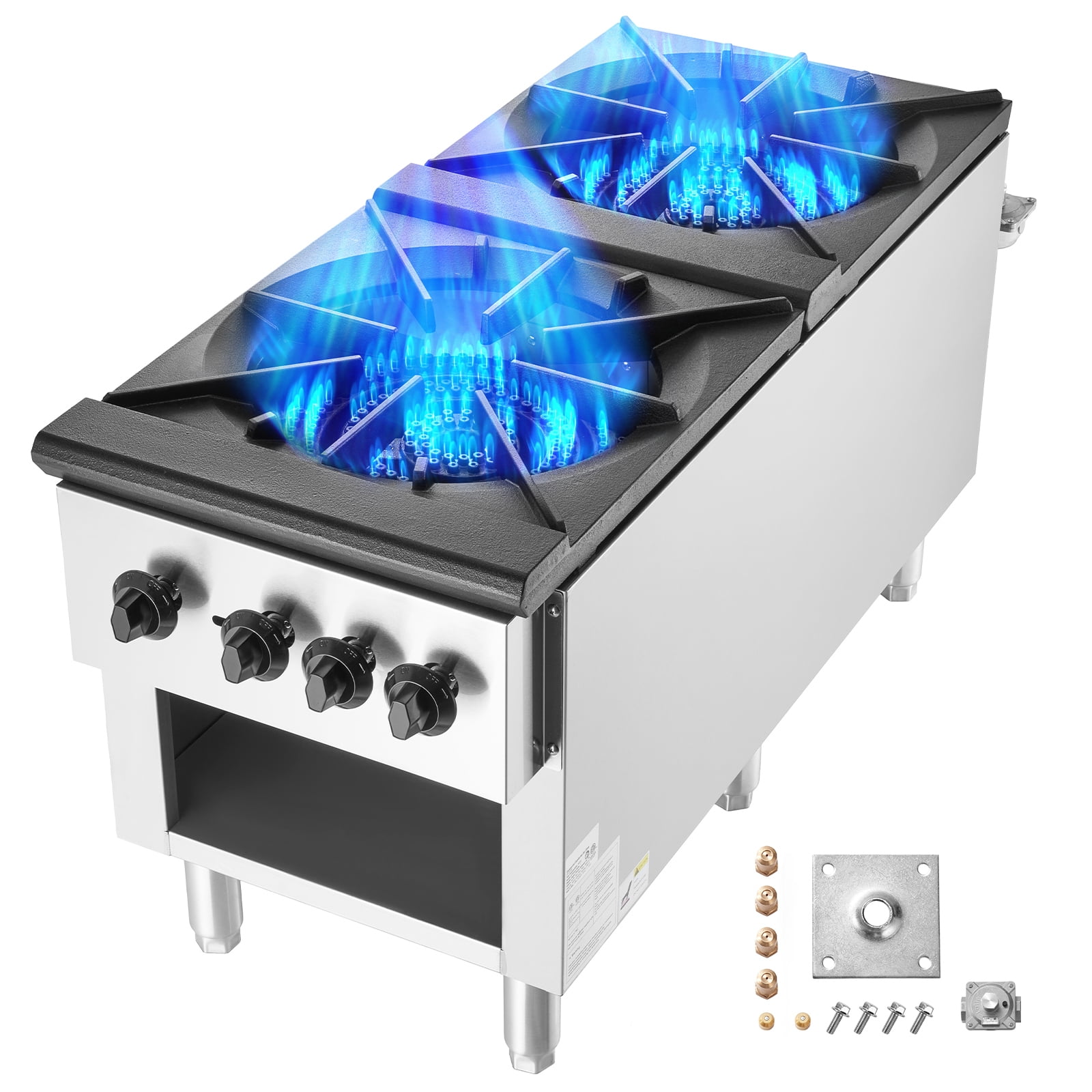 SKYSHALO Dual Burner Gas Range, Versatile for Propane or Natural Gas, Stainless Steel Countertop Cooktop, Ideal for Restaurants, 180,000 BTU