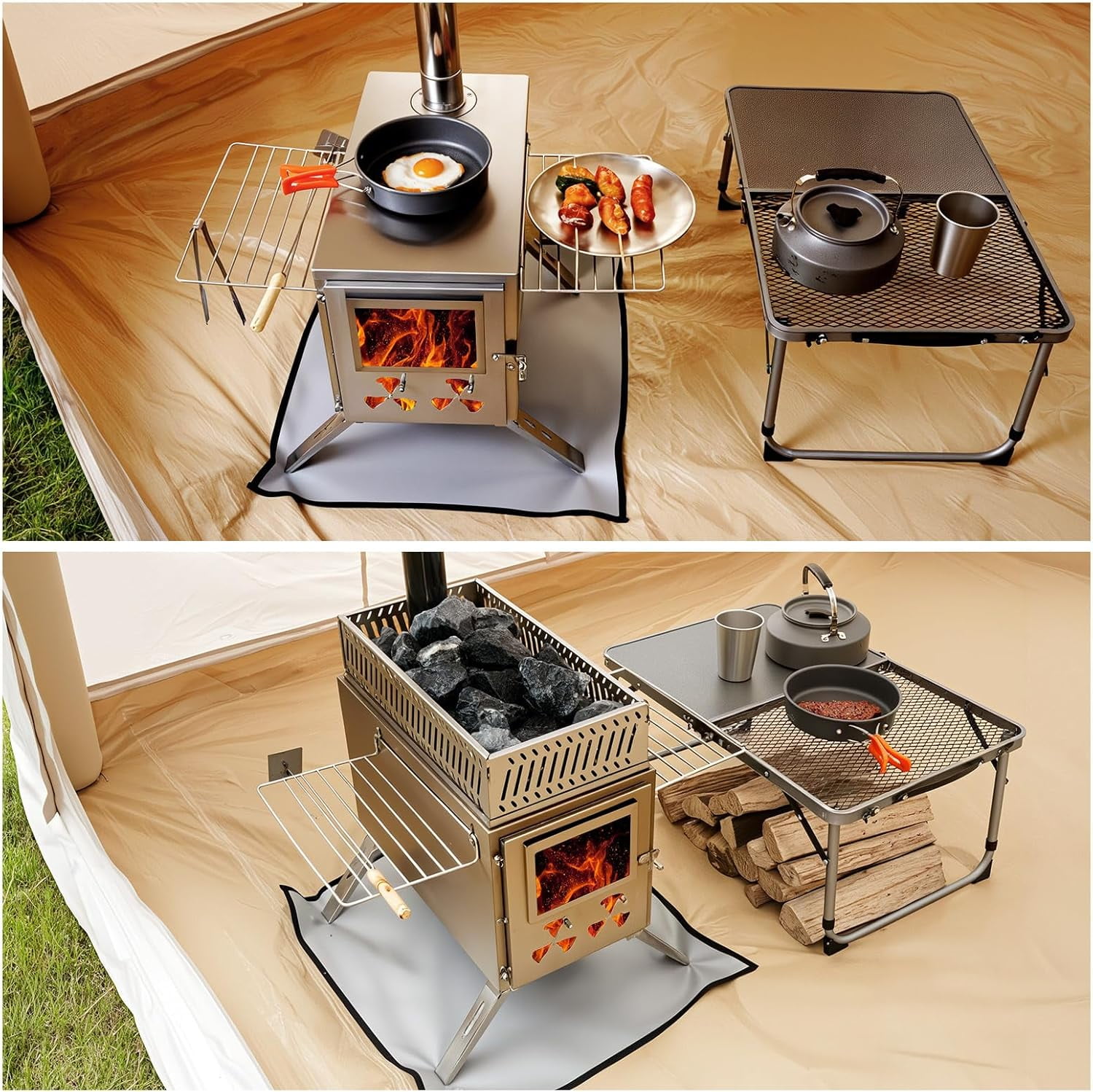Mophoto Upgraded Wood Burning Sauna Hot Tent Stove,2 in 1 Tent Wood Burning Stove with Chimney Pipe for Outdoor Camping Heating, Camping,Hunting,Heating,Cooking,Ice Fishing,Boiling Water