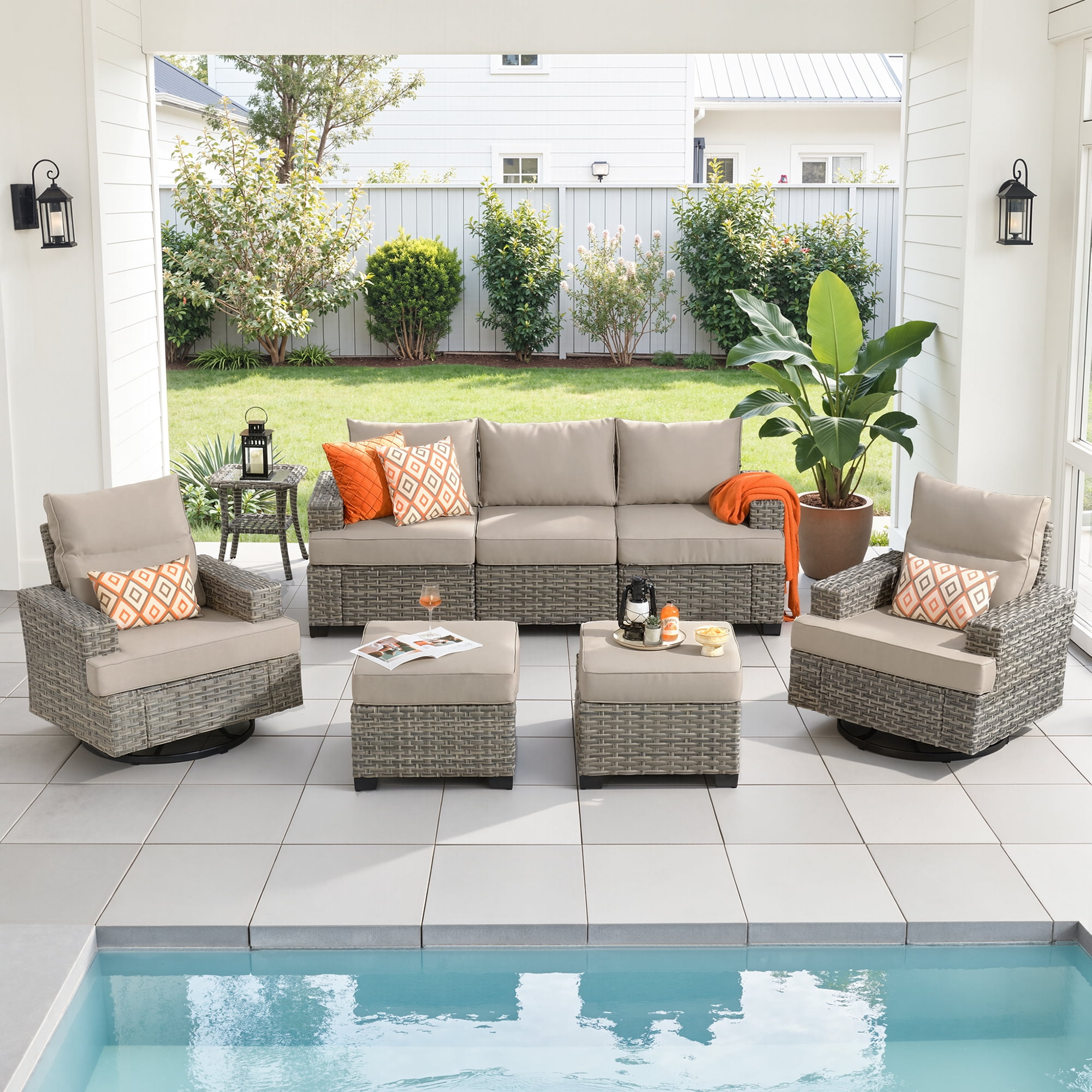 Ovios Patio Furniture Set 8 Pieces Patio Conversation Seating All-Weather Rattan Wicker Outdoor Sectionals with Swivel Rocking Chair for Backyard