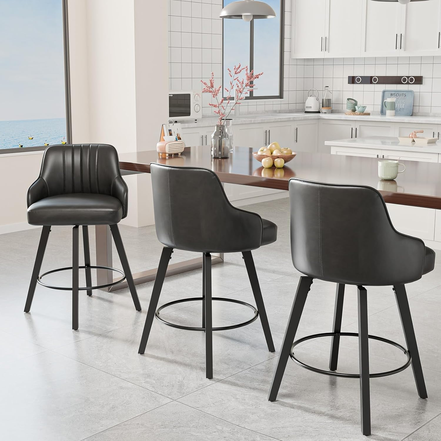 VINGLI 26" H Swivel Barstools Set of 2, PU Leather Upholstered Counter Stool with Back, Kitchen High Chairs Counter Height Bar stools with Cushion, Solid Wood Legs, Black