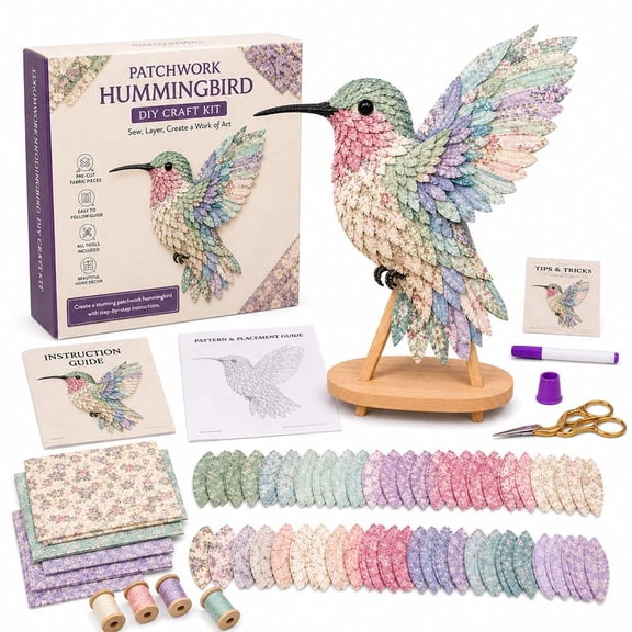 3D Patchwork Bird DIY Craft Kit, Quilt Kits with Fabric and Pattern, Boho Home Decor, Whimsical Woodland Ornament, Handmade Sewing Project, Creative Beginner Gift, Tabletop Decor