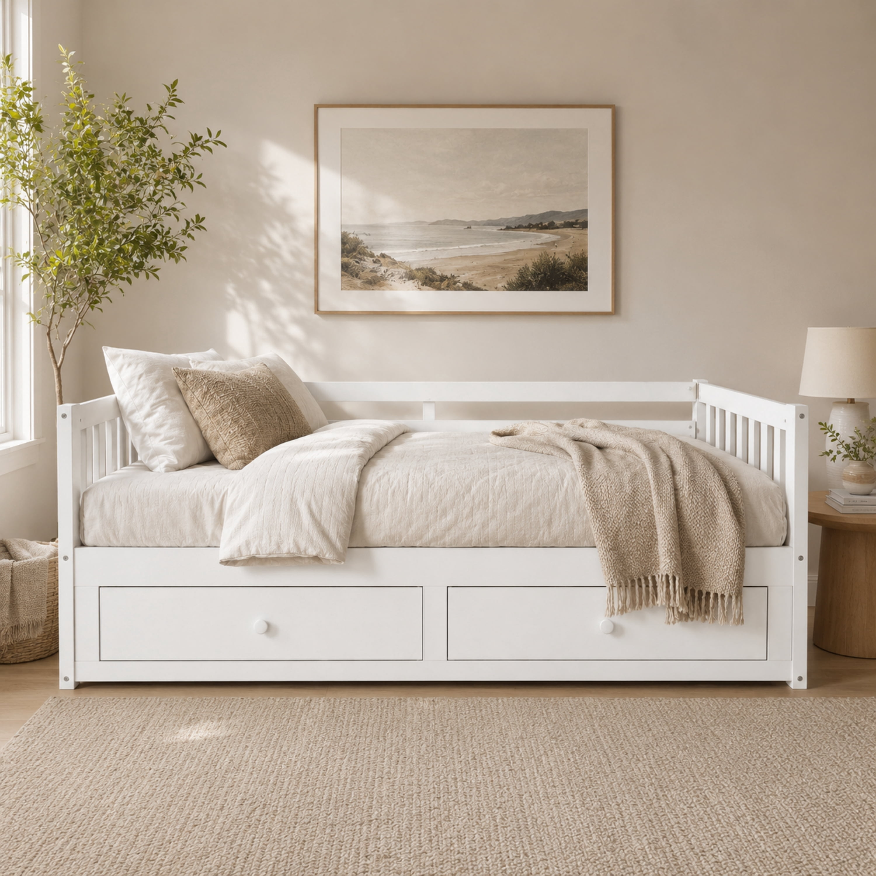 Euroco Wood Twin to King Size Daybed with Pull-out Trundle, Convertible Bed Frame with Drawers, No Box Spring Needed, White