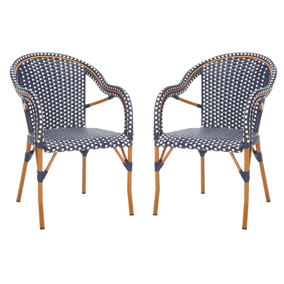 SAFAVIEH California Coastal Outdoor Patio Armchair with Faux Wicker, Navy/White (Set of 2)