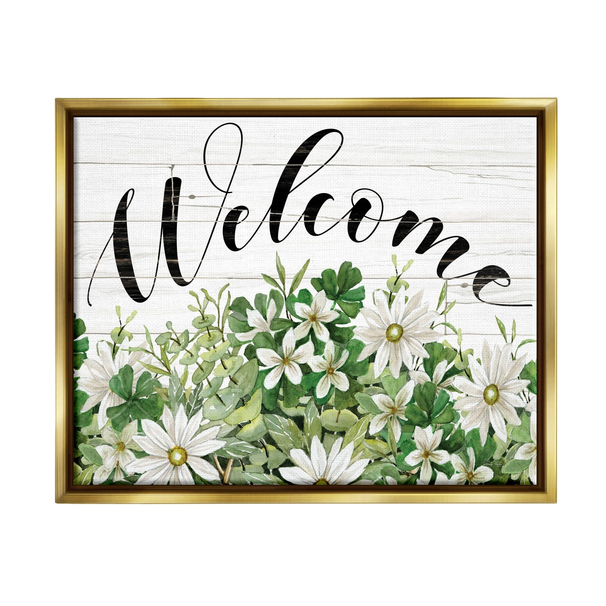 Stupell Industries Welcome Rustic Planked Sign White Flower Blossoms Graphic Art Metallic Gold Floating Framed Canvas Print Wall Art, Design by Cindy Jacobs
