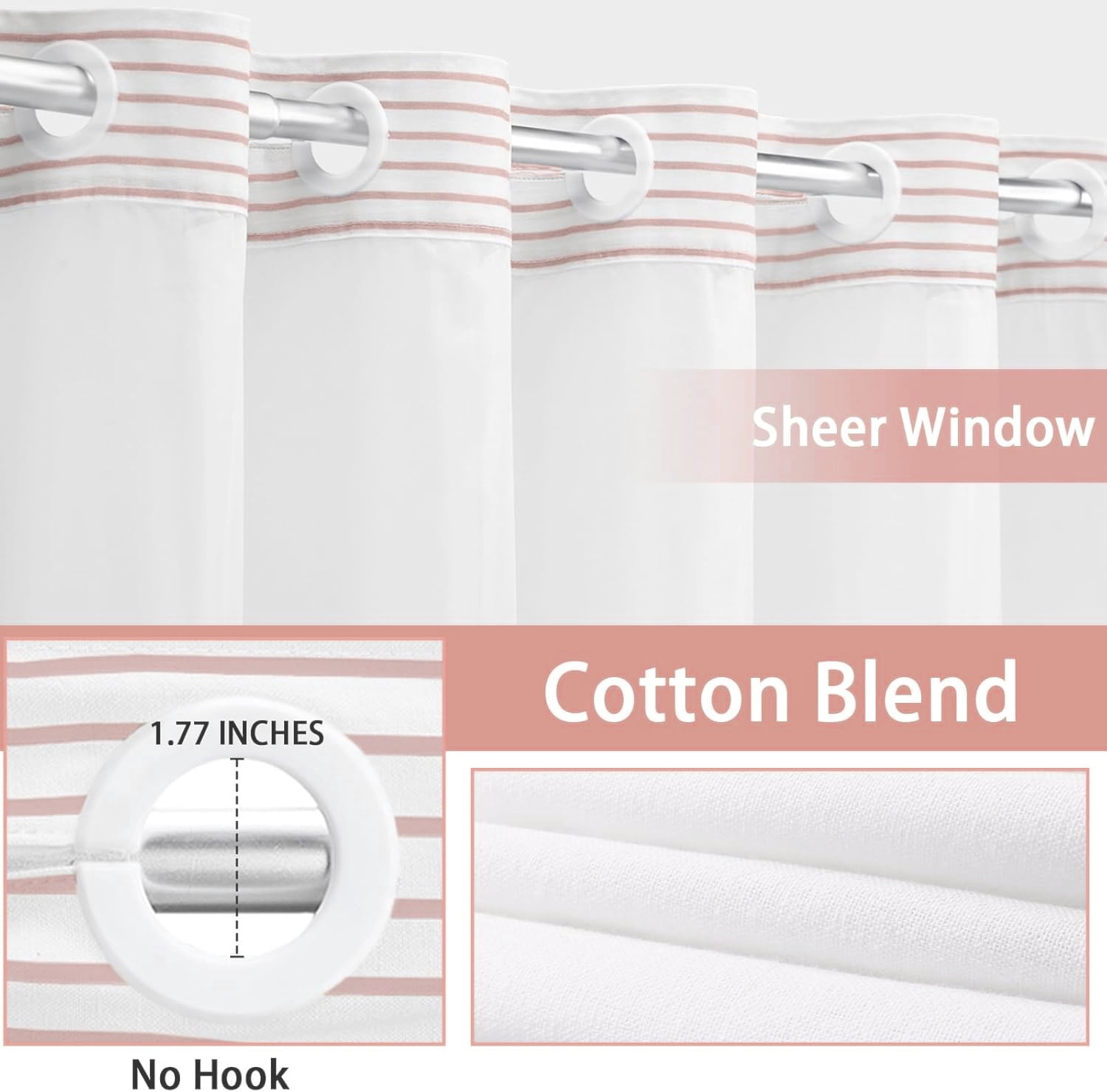 No Hook Shower Curtain with Snap in Liner Set Cotton and Linen Blend Shower Curtain for Bathroom Boho Farmhouse Pink Striped 75" L x 72" W