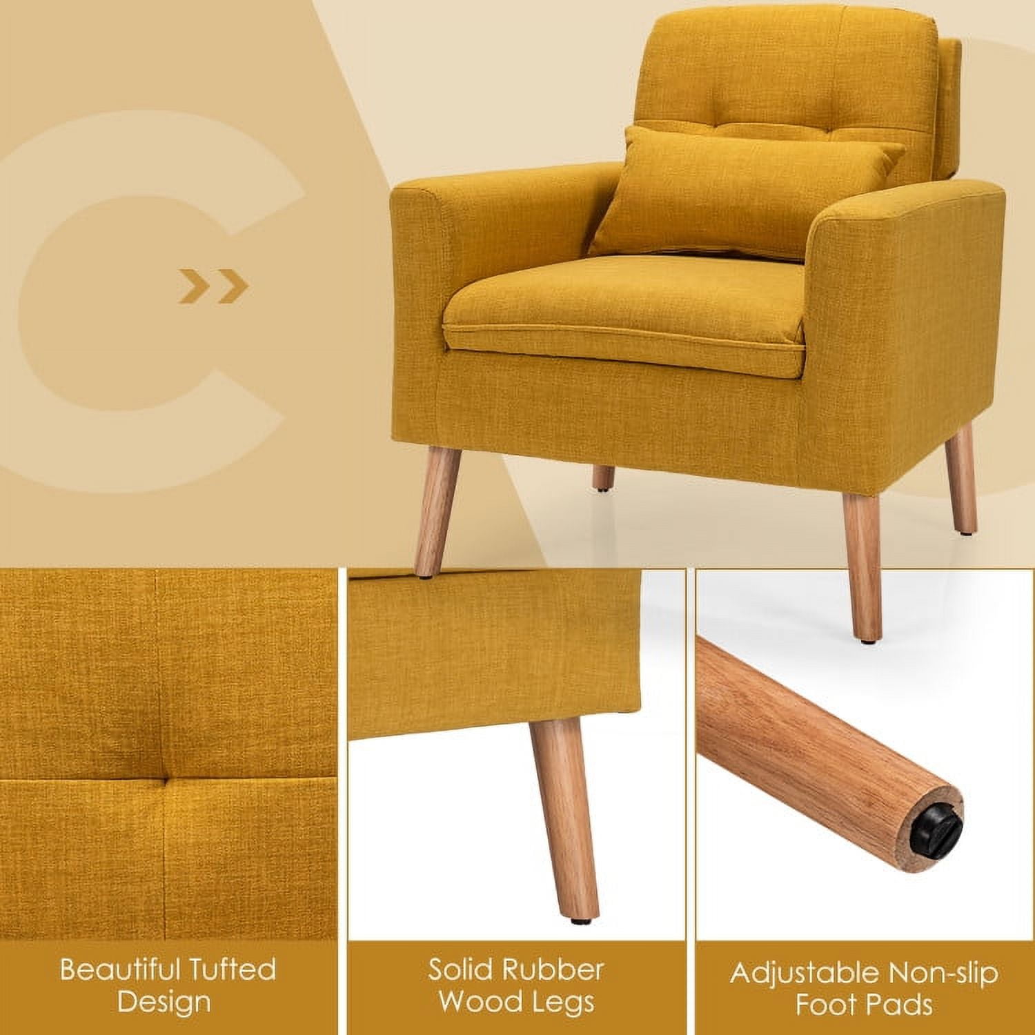 Finihen Upholstered Accent Chair, Modern Comfy Armchair Single Sofa, Linen Fabric Single Sofa Armchair with Waist Pillow, for Living Room, Bedroom, Yellow