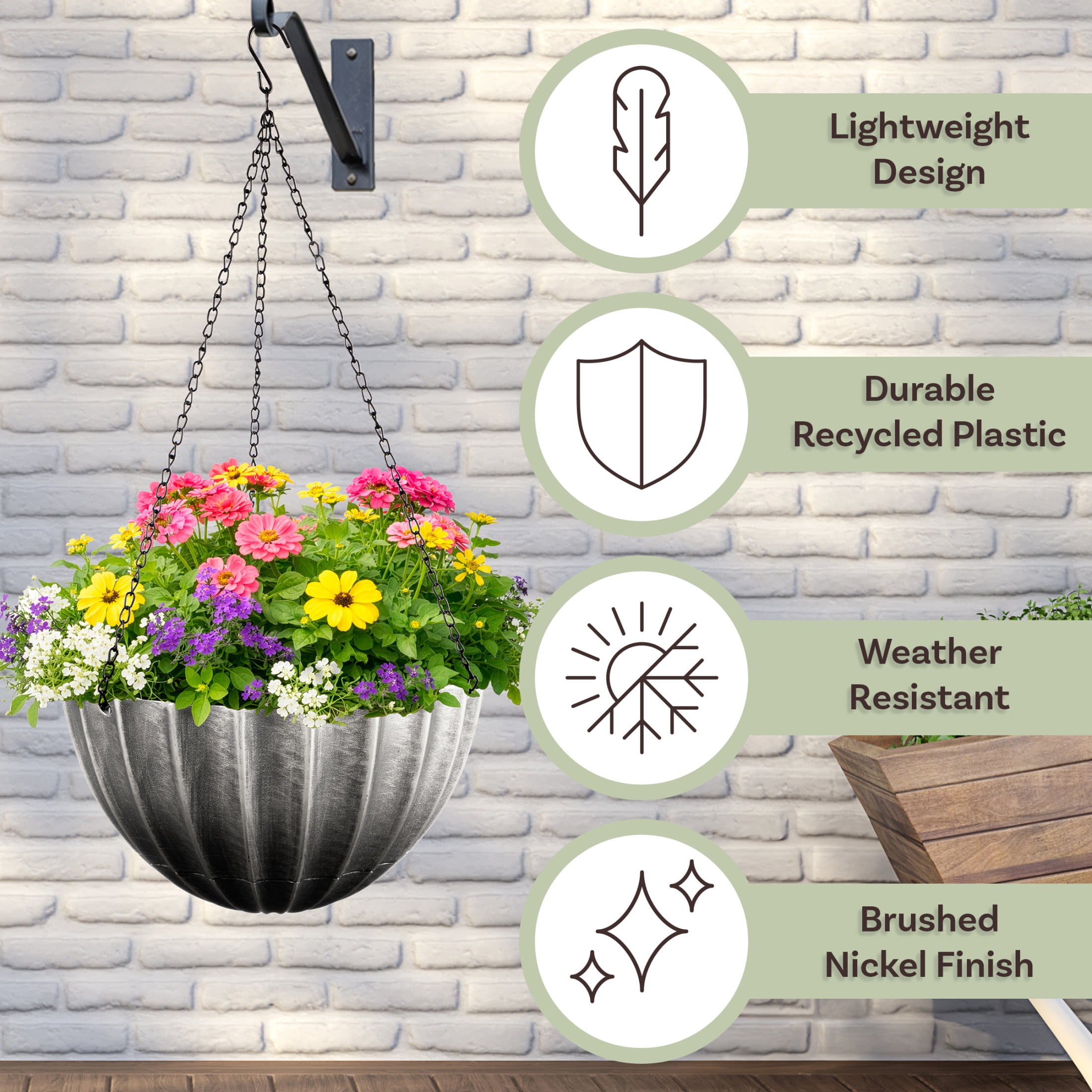 Pure Garden 12.5in Durable Plastic Hanging Planter 2-Pack with Drainage Reservoir, Gray