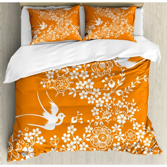 Orange and White Queen Size Duvet Cover Set, Asian Flora and Fauna Doodle Style Bird Silhouettes and Flowers, Decorative 3 Piece Bedding Set with 2 Pillow Shams, Orange and White, by Ambesonne