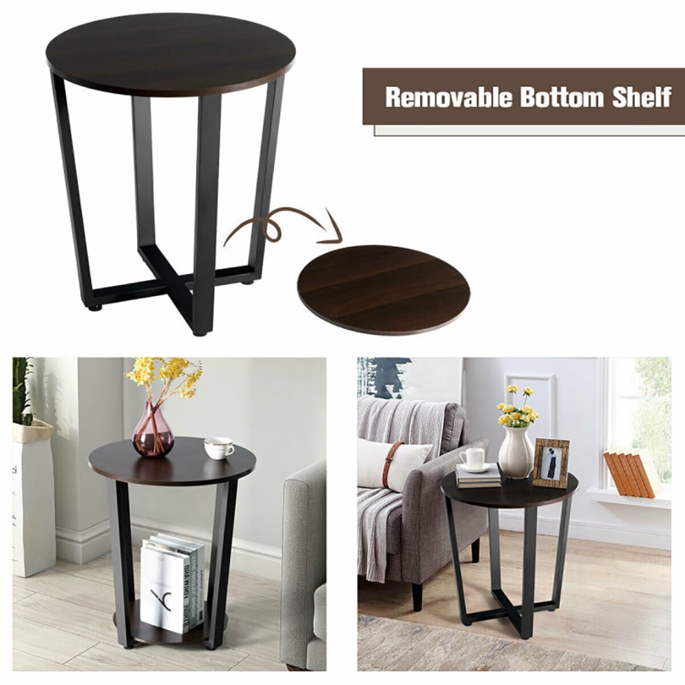 Finihen Round End Table, 2-tier Round End Table with Storage Shelf & Metal Frame, for Living Room, Bedroom, Walnut Finihen Round End Table, 2-tier Round End Table with Storage Shelf & Metal Frame, for Living Room, Bedroom, Walnut
