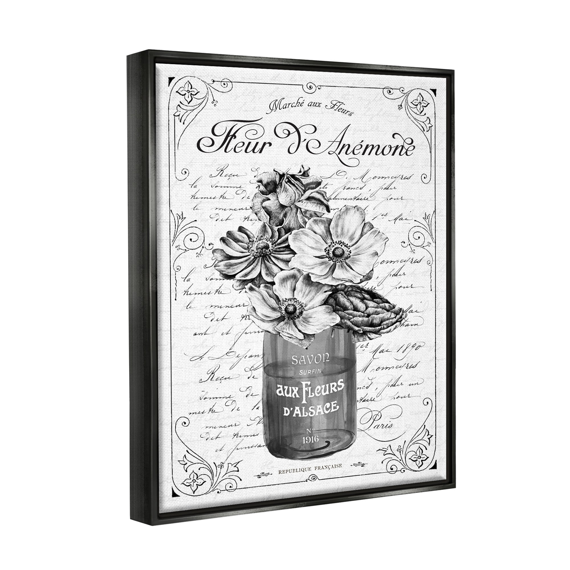 Stupell Industries Anemone Flower French Text Fancy Floral Border Graphic Art Jet Black Floating Framed Canvas Print Wall Art, Design by Lettered and Lined
