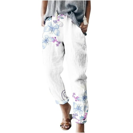

Dadaria Loose Linen Pants for Women Summer Elastic Waist Print Loose Trousers Pants Purple M Female