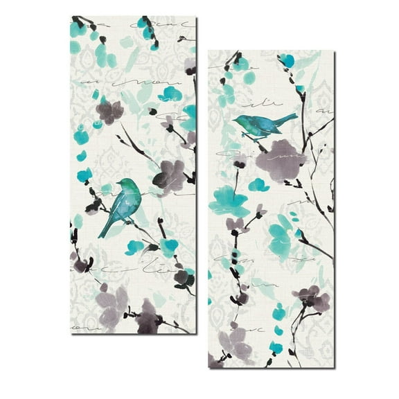 Beautiful Teal and Gray Watercolor-Style Floral and Bird Print Set; Two 8x18in Poster Prints