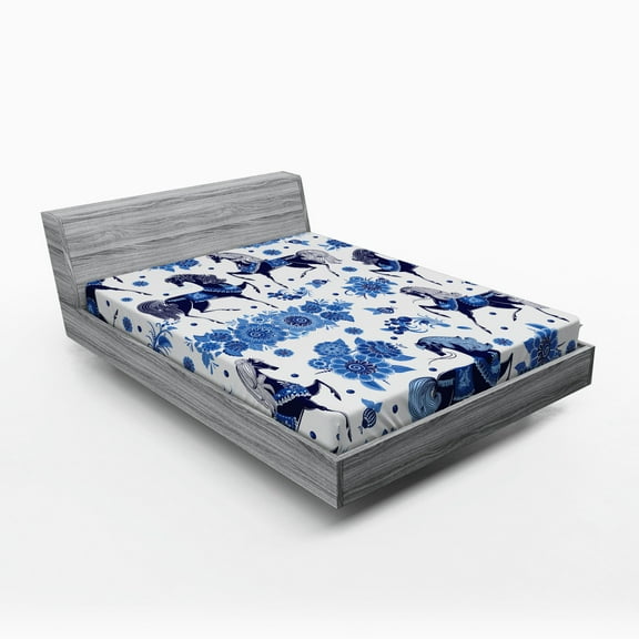 Ambesonne Horse Fitted Sheet, Middle Ages Drawings, Full Size, Blue Dark Blue White