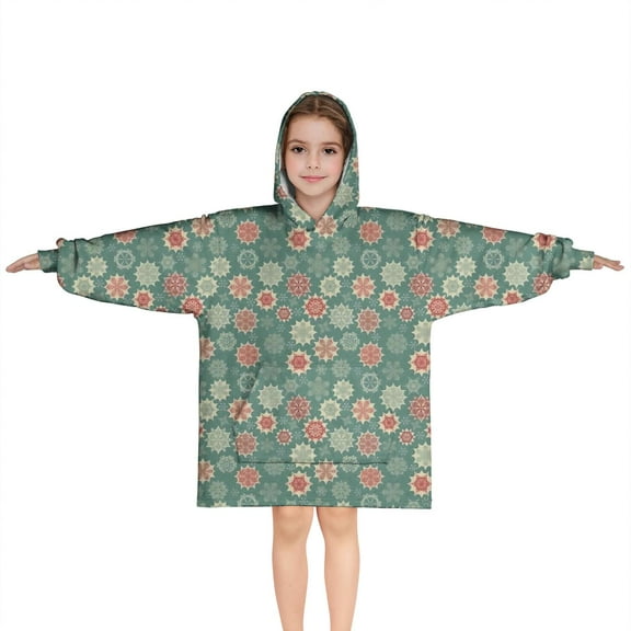 Green Christmas Floral Pattern Blanket Hoodies for Kids 6-13YR Oversize Wearable Blanket Hoodies for Boys Girls Teens