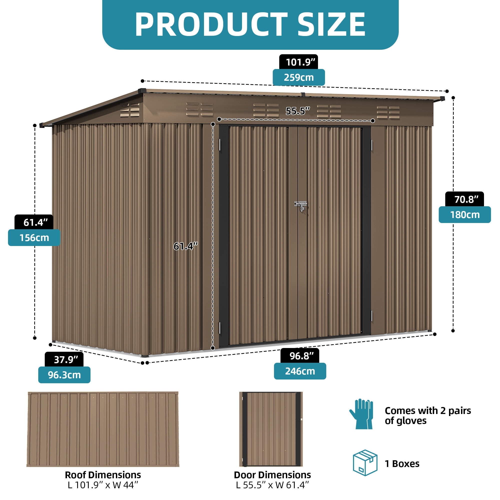 Uforic Large Outdoor Storage Shed, 9x4ft Heavy Duty Metal Tool Shed with Lockable Doors and Air Vents, for Bikes Tools Lawnmowers Backyard Patio Lawn, Brown