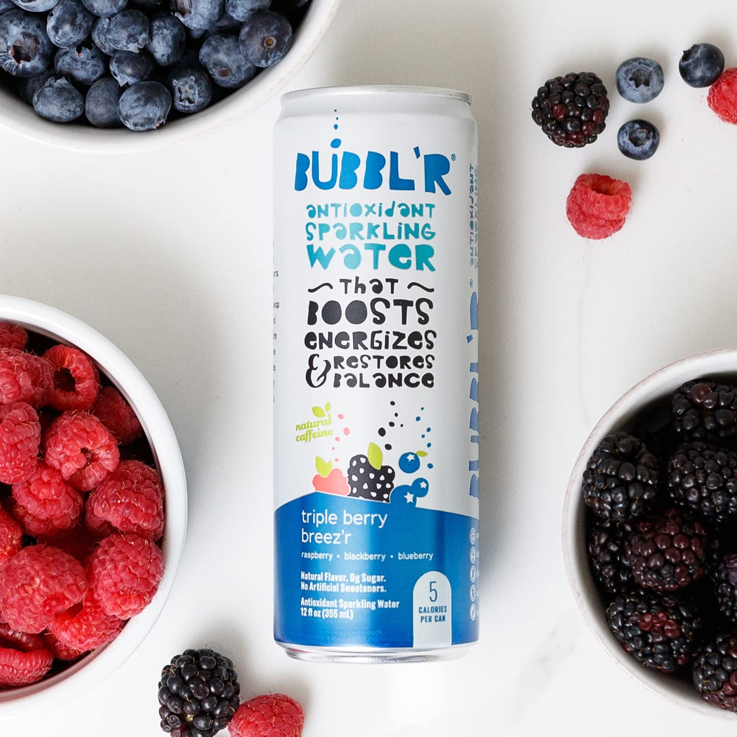 BUBBL'R triple berry breez'r, Antioxidant Sparkling Water with Natural Caffeine, 0g Sugar, Gluten Free, All Natural Flavors, 12 Fl Oz Cans, 12 Count