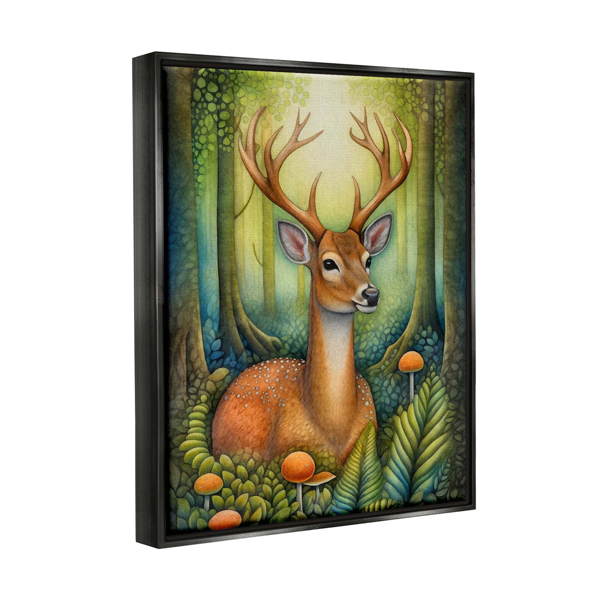 Stupell Industries Deer with Nature Mushrooms Animals & Insects Painting Black Floater Framed Canvas Art Print Wall Art, 17 x 21