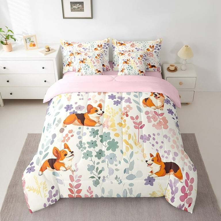 Kids King Bedding Set - 8-Piece Dog Pattern Comforter & Sheets Set, Ultra-Soft Microfiber, Pug Corgi Shiba Print