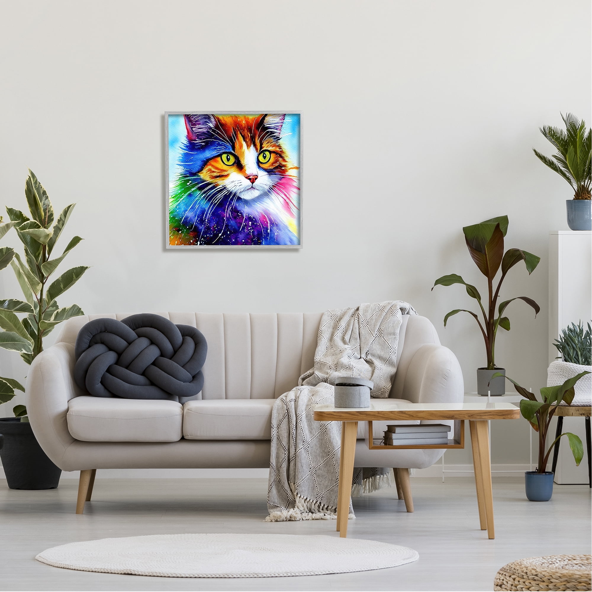 Stupell Bold Rainbow Cat Face Portrait Animals & Insects Painting Gray Framed Art Print Wall Art