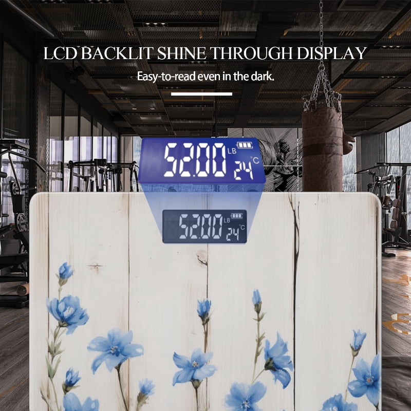 High Precision Body Weight Scale Smart Bathroom Scales with Large LCD Display(400lbs),Decorative for Bedroom-Blue Wildflowers On White Wooden Backdrop