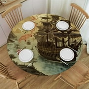JEUXUS Treasure Map Brown Table Cloth Pirate Ship Sailing Adventure Sea Monster Island Round Tablecloth 60 Inch for Dining Room, Party, Banquet